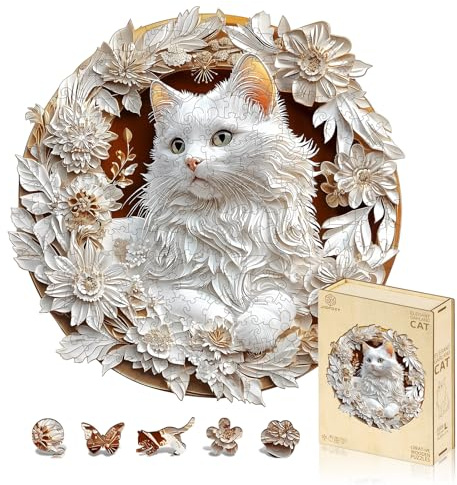 Jigfoxy Puzzle in legno per adulti, gatto bianco, puzzle per adulti, puzzle unico in legno, famiglia e amici, L-34 x 34 cm, 248 pezzi