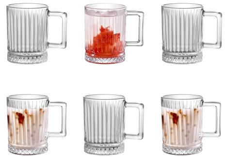 Royal Cuisine Set of 6 Glass Coffee Mugs Coffee Cups, Clear Glass Mugs with Handle, Stylish Glassware for Tea, Cappuccino, Latte Glasses, Hot Beverages, Milk & Juice (310ml)