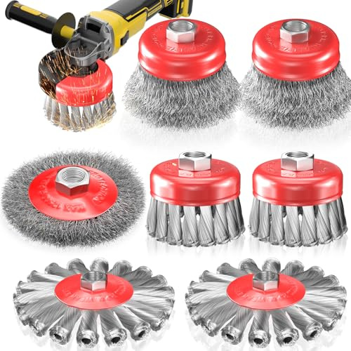 BURMONG 7 PCS Wire Wheel Brush for 4-1/2 Angle Grinder, Carbon Steel Knotted & Crimped Cup/Wheel Brushes (3 & 4), Heavy Duty Rust, Paint, Corrosion Removal, 5/8-11 UNC Threaded Arbor