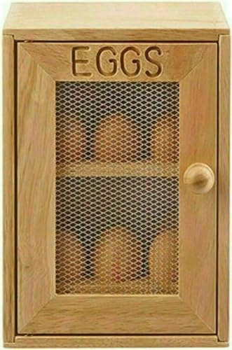 2-Tier Wooden Egg Cabinet – Rubberwood Dozen Egg Storage Box with Wire Mesh Door – Farmhouse Style Kitchen Countertop Organizer – Holds 12 Eggs – Natural Finish, 25x18x12cm