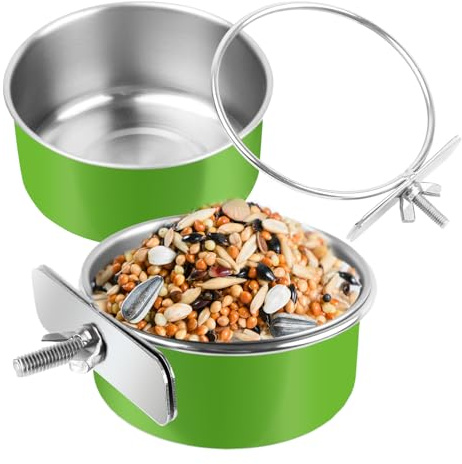 2 Pcs Stainless Steel Bird Bowls, Small Bird Food Dishes for Cage, Parrot Cage Feeder with Clamp Holder for Parakeet/Cockatiels/Conure/Budgies/Ferret/Small Animal