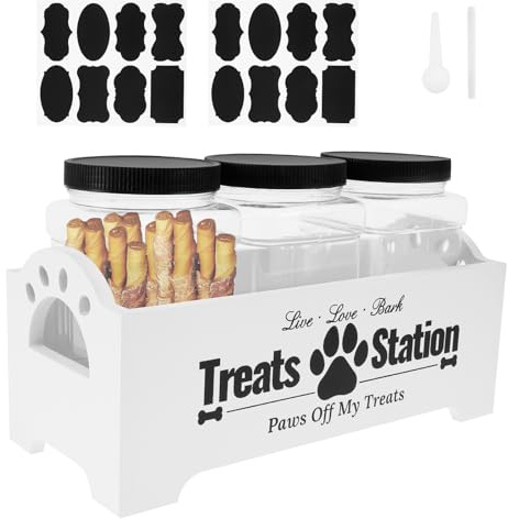 Alongen Dog Treat Container,Wood Dog Food Organizer Container with 3 Plastic Jar, Farmhouse Cat Food Container Pet Organizer Organizer for Cat, Small Animal(white)