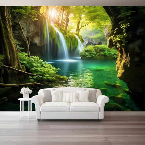 Papel pintado Cascada Bosque Naturaleza Fotomurales Pared Tejido No Tejido Decorativos Murales Fotográfico Colores fríos de color azul verdoso Moderno Decoración de Paredes 250 x 175 cm