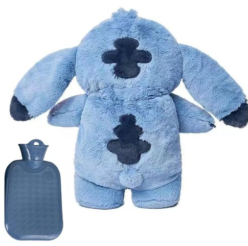 KBIBCK Fluffy Wärmflasche, 30cm Wärmflasche Kinder, Cartoon HeißWasserflasche für Kinder, Wärmflasches Kuscheltier, Herausnehmbarer Innenbehälter Plüsch HeißWasserflasche für Kinders Erwachsene (Blau)
