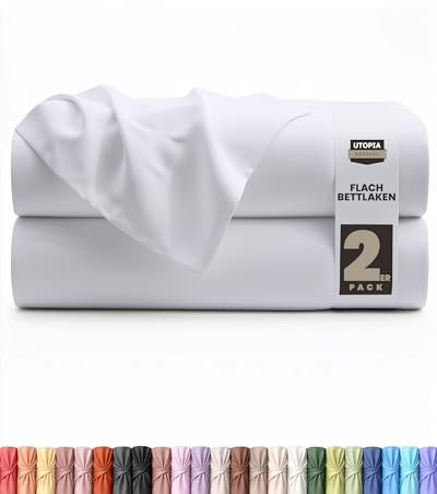 Utopia Bedding - 2er Set Bettlaken ohne Gummizug - 270x290cm - Weiß | Oeko-TEX Zertifiziert - Weich Gebürstetes Polyester - Mikrofaser Flaches Laken