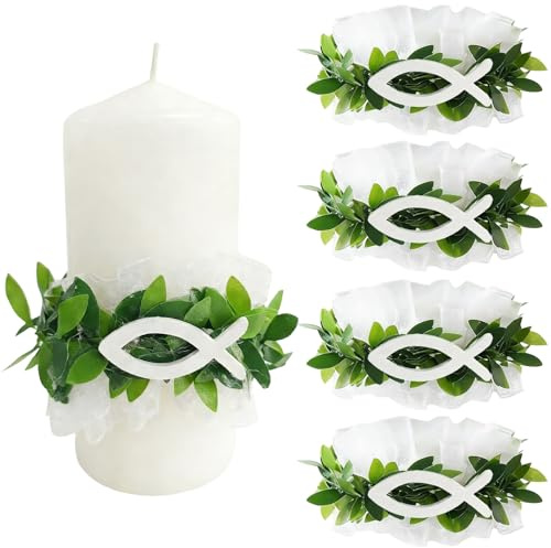 Decorazione Candela Comunione 4Pcs, Candela Protezione Antigoccia Con Foglie Verdi e Rete, Diametro 5-8 Cm Regolabile, Gonne Di Candele Per Battesimo, Comunione, Matrimonio (Pesce)
