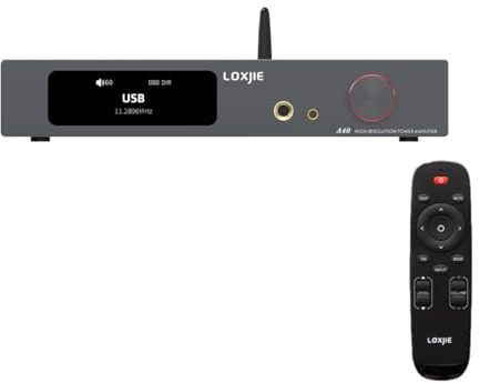 LOXJIE A40 stereoljud effektförstärkare med hörlursförstärkare, Bluetooth 5.1, HDMI ARC, MQA-avkodare, stöder DSD, 165 B x 4 Ω, EQ-lägen, subwooferutgång
