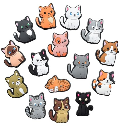 Ovanda Katze Schuh Charms, 15 Stück Schuh Charms Verschiedene Katzenmuster, Croc Anstecker Tiere Abnehmbare DIY Schuhstecker Shoe Schmuck Niedliche Cartoon Anstecker Tiere für Kinder Erwachsene