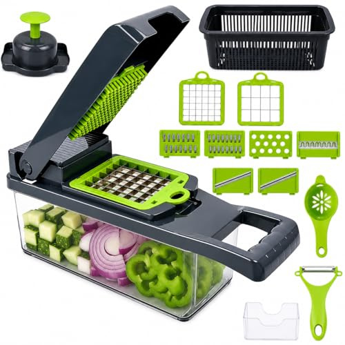 16 in 1 Vegetable Chopper Manual Food Chopper Dicer Slicer Mandoline | with Container, Drain Basket, Cutter for Onion Garlic Potato Salad, Meal Prep