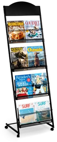 SUNDOY Floor Standing Magazine Rack with Wheels, 4-Pocket Literature Display Stand for Office, Home & Exhibitions