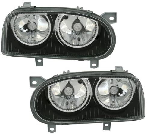 Scheinwerfer Set in Klarglas Schwarz für VW Golf 3 (alle) Halogen H7/H7 | Echtglas, Aftermarket, Tuning, links, rechts, mit Adapter, vorbereitet für elektrische LWR,