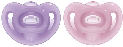 NUK Sensitive Dummy, 6-18 Months, 100% Silicone for Delicate Skin, BPA-Free, Purple & Pink, Pack of 2