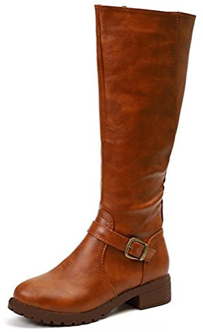 Toride Damen Biker Stiefel Casual Gürtelschnalle Reißverschluss Oberschenkel Hohe Lose Stiefel Reiten Kniehohe Runde Kappe Quadrat Ferse Leder Reitstiefel