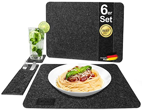 Saltibo® Filz Platzsets für 6 Personen – Design Tischset in anthrazit 19-teilig für Dein Esszimmer – rutschfeste Platzdeckchen aus Filz grau