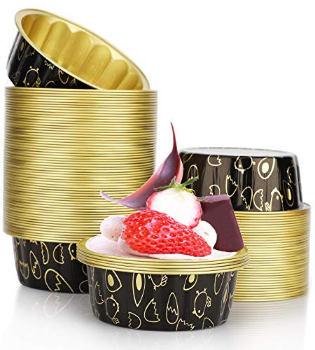 Beasea Lot de 100 ramequins ronds jetables de 227 ml en aluminium noir et doré de 9,9 cm pour pâtisserie, pâtisserie, muffins, cupcakes, pudding pour fête, mariage, anniversaire
