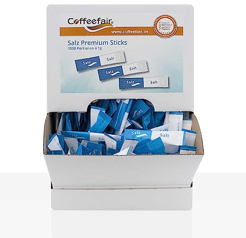Coffeefair Premium Salzsticks 1000 x 1g Salz, Portionssalz einzeln verpackt, im praktischen Thekenspender, ideal für Gastronomie & Büro