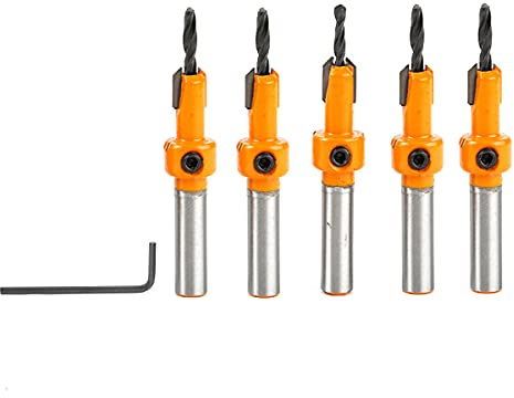 TOPWAY Juego de Brocas Avellanadoras 5 Piezas, Vástago Redondo de 8mm Brocas de Chaflán para Carpintería HSS para Procesamiento de Madera Plástica y Perforación de Agujeros 131300