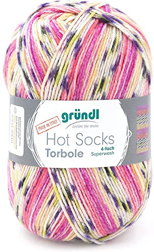 Gründl Hot Socks Torbole (Sockenwolle aus 75% Schurwolle (superwash) und 25% Polyamid, 6-fach Sockengarn, 150 g / 375 m, Nadelstärke: 3-4 mm, 1 x 150 g), lavendel-chili-pflaume-weiß-salatgrün-gelb