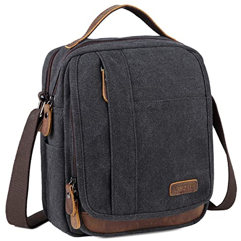 VASCHY Sacoche Homme Bandoulière Vintage, Toile Déperlante Et Cuir, Multi-Poches 7,7 L, Sac Bandoulière Homme Pour Travail Voyage, 22 × 27 × 13 cm, Gris Foncé