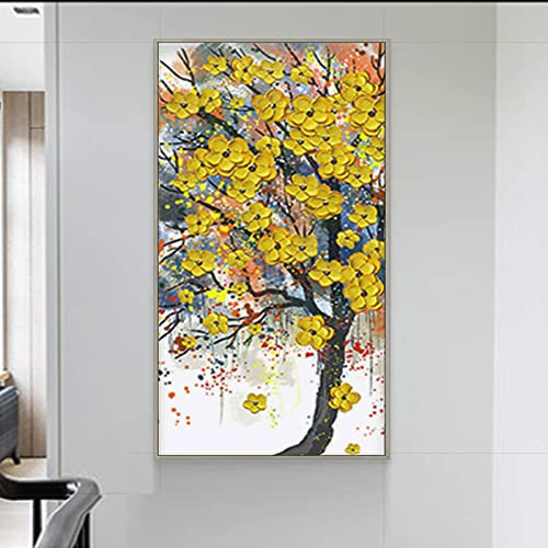 Quadro decorativo su tela grande portico dipinto a mano a olio – Fiori natura morta retrò floreale dorato Fortuna albero di vita semplice e moderno albero di vita, pittura decorativa, oro, 70 x 140 cm