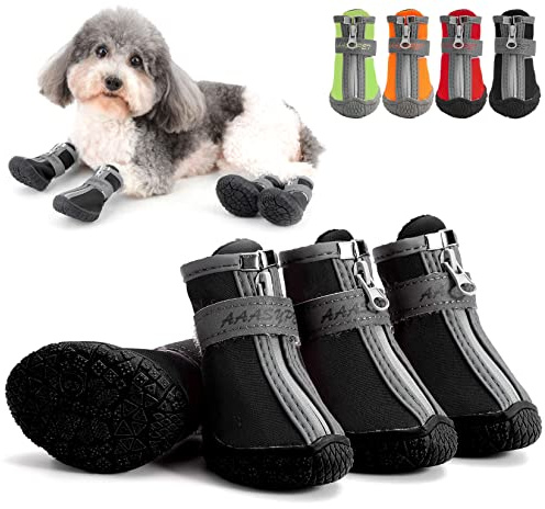 Zunea Pfotenschutz Hundestiefel für Kleine Hunde Wasserdicht rutschfest Welpenschuhe Verstellbar Reflektierend Haustierstiefel Weiche Chihuahua Pfotenschütz Schuhe für Spazierengehen Schwarz 5#