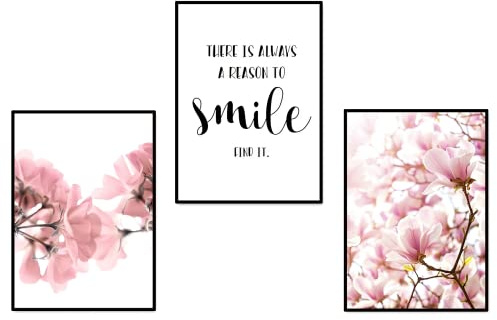 Set of 3 Framed Scandinavian Flower Canvas Poster Pink Magnolia Floral Print Painting Nordic Smile Quote Art Wall Pictures for Living Room Office Bedroom Home Decor Girls Room