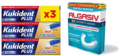 Kukident Plus Crema Adesiva Sigillo 35g. Per Dentiere Totali E Parziali. Sapore Neutro. 3 Confezioni & ALGASIV Cuscinetti Adesivi per dentiera inferiore, 30 pezzi. Dura tutto il giorno