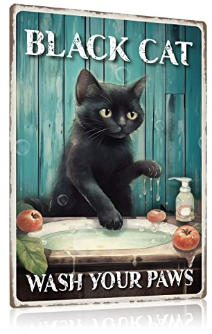 ZDFDC Schwarze Katze Vintage Blechschilder mit Lustig Spruch - BLACK CAT WASH YOUR PAWS - Retro Katzen Metall-schild Poster Wanddeko für Bade-zimmer WC Toilette Gästebad klo 20x30cm