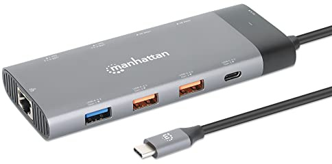 Manhattan 130714 replicatore di porte e docking station per laptop Cablato USB 3.2 Gen 2 [3.1 Gen 2] Type-C Grigio (USB-C DOCK/HUB 9-PORT- - ENET/HDMI[X2]/USB-A[X5]/-C[X2]PD)