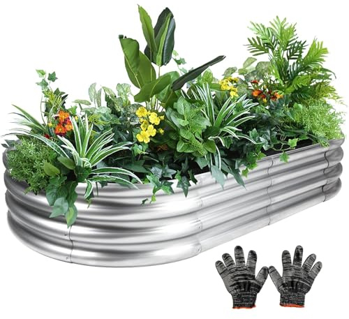 Gartist Galvanized Raised Garden Bed Kit, 4x2x1 FT Tools Free Assembly Thickening Raised Garden Bed with Gloves, Oval Larger Space Planter Box for Outdoor for Herbs, Vegetables, Fruits