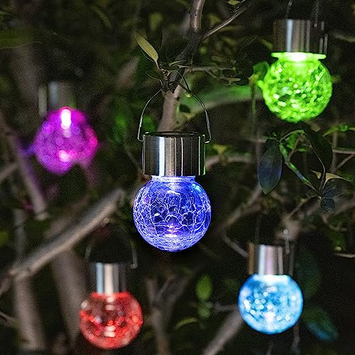 GIGALUMI 8 Pack Solar Hanging Lights: Multi-Color Changing Cracked Glass Hanging Ball Solar Outdoor Lights - Waterproof Lanterns for Garden, Yard, Patio, Lawn