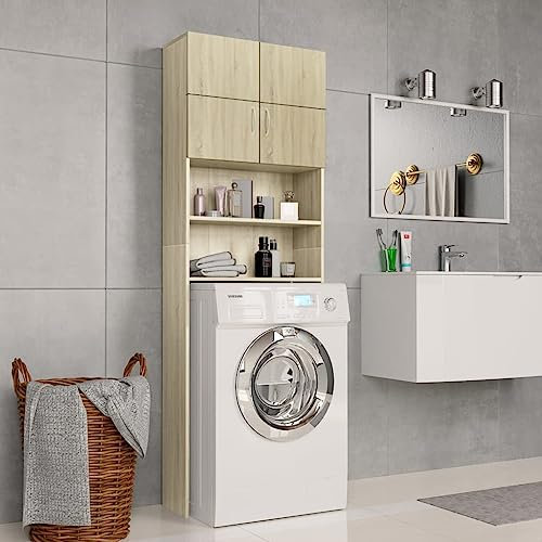 Hommdiy Waschmaschinenschrank mit 2 Türen 2 offenen Fächern Badmöbel Badschrank Hochschrank Badhochschrank Schrank 64x25,5x190cm Holzwerkstoff Sonoma Eiche