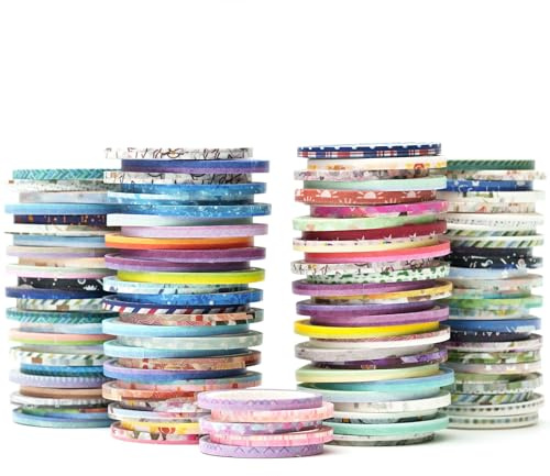 KAVI' S Slim Washi Tape Set maskeringstejp slumpmässiga mönster 80 rullar + bunt, guldfolie, supertunn, dekorativ tejp, färgglad för gör-det-själv-hantverk, bullet journals, planerare, scrapbooking,