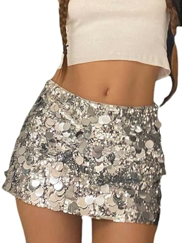 SANSIWU Women Sequin Mini Skirt Sparkle Stretchy Bodycon Glitter Skirts Y2k High Waist Pencil Short Party Club Skirt Streetwear (A-Silver, S)