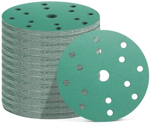 Pfloge® 50Pz Dischi Abrasivi 150mm, 15 Fori, 10 pezzi Grana 60/80/120/180/400, Carta Vetrata per Legno, Levigatrice (verde(P60/P80/P120/P180/P400))