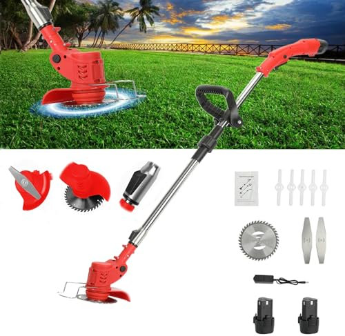 loyliawa Hedge Trimmer, String Trimmer, Electric Grass Trimmers, 12V 2.0Ah Cordless Weed Eater with 2 Batteries,450W Telescopic Brush Cutter Handheld Lawn Mower Charger Included Red