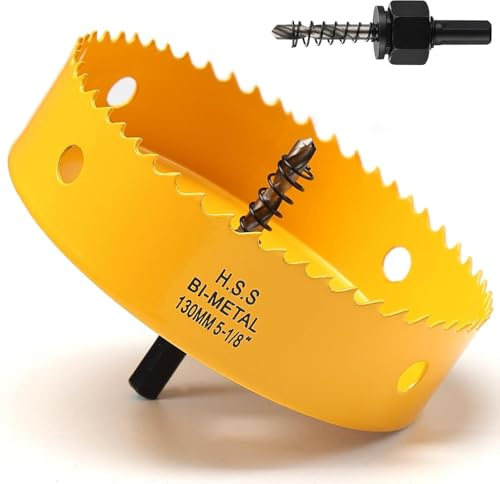130mm Hole Saw, HSS Bi-Metal Hole Cutter with Drill Bit, Heavy Duty Hole Saw for Wood, Plastic, Drywall, Fiberglass, Yellow