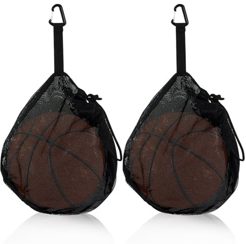 Klmnop 2 Stück einzelne Balltasche mit Reißverschluss, Netz-Tragetasche mit verstellbarem Kordelzug und Clip, Sporttasche für Basketball, Volleyball, Fußball, Fußball, Schwarz