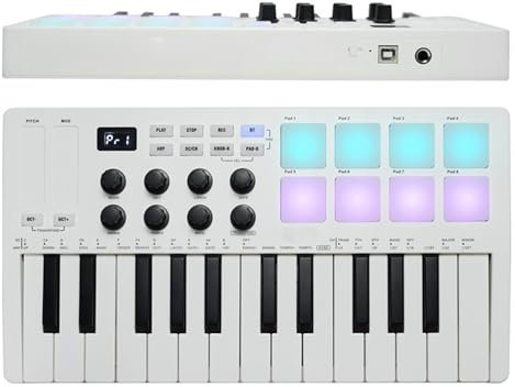 25 Key Bluetooth USB MIDI Keyboard Controller with 8 Backlit Drum Pads and 8 Assignable Knobs for Music Production, Rechargeable