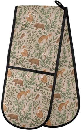 Double Oven Gloves Woodland Floral Fox Animals Heat Resistant Pot Holder Oven Mitt Gloves for BBQ Cooking Baking Grilling Microwave
