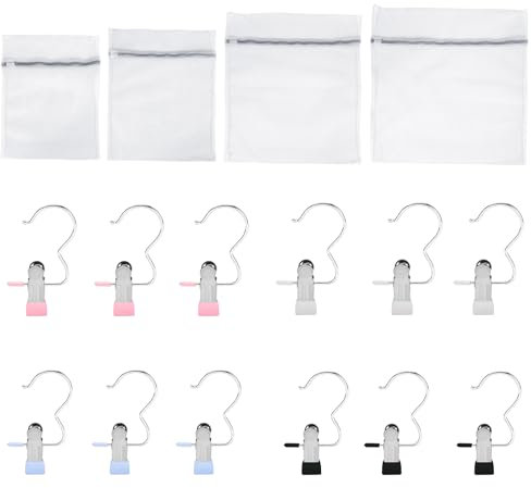 Sac de Lavage en Maille 4 pièces avec Pinces à Linge 12 pièces Ensemble de Sacs de Lavage en Maille Pinces à Linge en métal Pinces à Linge en Acier Inoxydable pour vêtements de Salle de Bain (Gris)