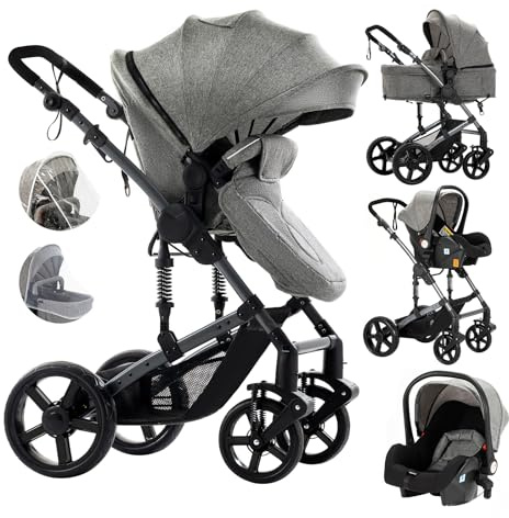 Carrito de Bebé Combinado 3 en 1, Capazo, Cochecito Deportivo y Silla de Coche, para Bebés de 0 a 36 Meses. (Grey)