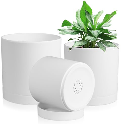 Homeuouz 3 Packs Blumentopf mit Untersetzer, 15.2cm/12.7cm/10.7cm Pflanzentopf, Plastik Übertopf, Hydrokultur Topf, Blumentöpfe Set Ideal für Innen und Balkongärten, Weiß