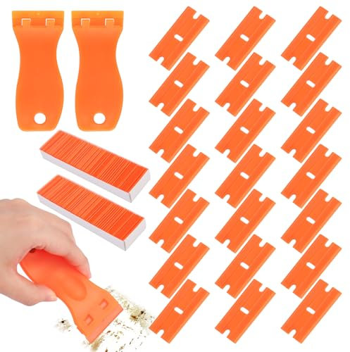 2 raschietti in plastica, spatola in plastica con 200 lame in plastica, spatola in plastica, raschietto in plastica per rimuovere residui di colla, solvente per etichette, rimozione di colla, adesivo