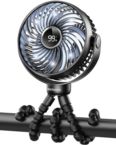 Bearwind Ventilador portátil para cochecito de bebé recargable por USB con luz LED nocturna, 4 velocidades y trípode extraíble 360° – para viaje, coche y cuna