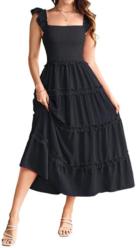 GRACE KARIN Sommarremmar för kvinnor avslappnade smockad elastisk midja A-linje maxiklänningar med fickor, Clk028-1/Svart, XL