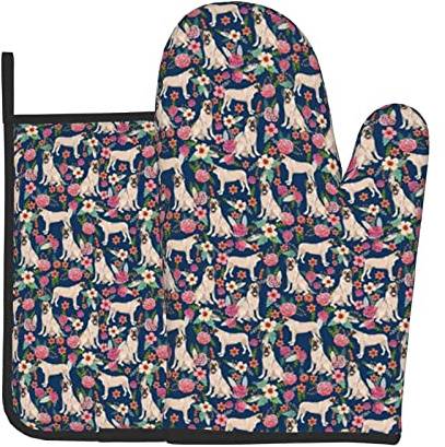 Englischer Mastiff, Blumenmuster, kleinere Hunderasse, Marineblau, Küchenofenhandschuhe und Grillhandschuhe, Topflappen, Ofenhandschuhe und Topflappen mit Kochhandschuhen zum Backen, Grillen, Kochen