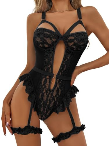 NLAND Ensembles de Lingerie pour Femmes 2 Pieces Body en Dentelle avec Porte Jarretelle Bande Cuisse sous Vetements(Noir,Taille Unique)