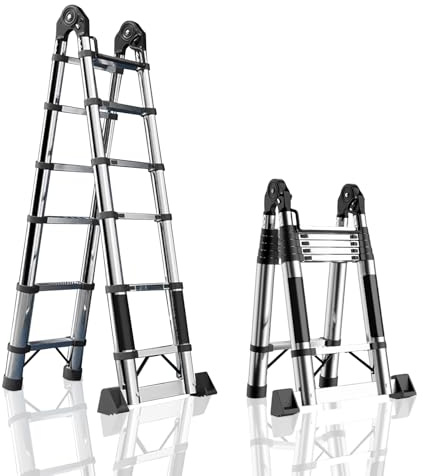 Masiunoz 8ft Telescoping Ladder - 16ft A-Frame Stainless Steel Folding Ladder with Safety Lock, 330lbs Capacity, Compact Storage for Home, RV, Professional Use
