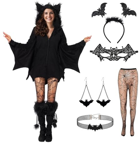 SERTAS Fledermaus kostüm Damen,Karneval Kostum Schwarzes Fledermaus Cosplay Kostüm für Halloween und Fasching